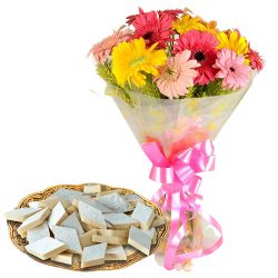 Order Mixed Gerberas Arrangement with Kaju Katli