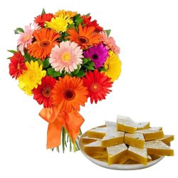 Deliver Mixed Gerberas Arrangement with Kaju Katli