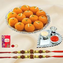 Exquisite Rudraksha Rakhi N Haldiram Motichur Laddoo, Roli Tika N Card
