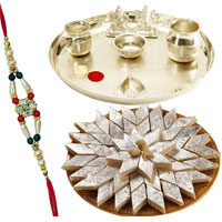 Appealing Haldiram Katli and free Rakhi, Roli Tilak N Chawal with Silver Plated Pooja Thali on the Occasion of Raksha Bandhan