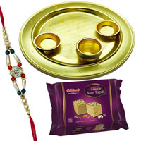 Delightful Selection of Soan Papri from Haldiram and Silver Plated Thali with free Rakhi, Roli Tilak and Chawal for Special Rakhi Festival