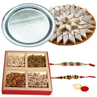 Superb Rakhi Special Presents of Dry Fruits, Classic Silver plated Thali, Delicious Kaju Katli with 2 Free Rakhi, Roli Tika and Chawal