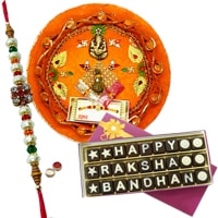 Impressive Display of Decorative Rakhi Thali and Homemade Raksha Bandhan Chocolate Pack with Free Rakhi Roli Tilak N Chawal for your Beloved Brother<br>