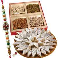 Wonderful Gift Pack of Haldiram Kaju Katli and Dry Fruits with free Rakhi, Roli Tilak and Chawal for Rakhi Celebration