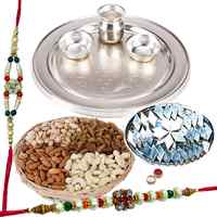Amazing Rakhi Special Gift of Silver Plated Thali, Haldiram Kaju Katli N Dry Fruits Platter with 2 Free Rakhi, Roli Tilak and Chawal for your Dear Brother