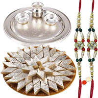 Appealing Haldirams Badam Katli and Silver Plated Thali with 2 Free Rakhi, Roli Tilak and Chawal for your Precious Brother on the Occasion of Rakhi