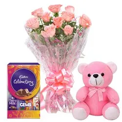 Online Bouquet of Pink Roses with chocolates and teddy bear