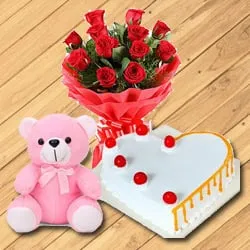 Shop Online Red Roses with Teddy N Heart Shaped Cake