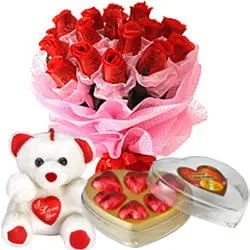 Long Lasting � Red Roses Bouquet with Teddy Bear  and Heart shape Chocolate Box
