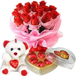 Long Lasting  Red Roses Bouquet with Teddy Bear  and Heart shape Chocolate Box