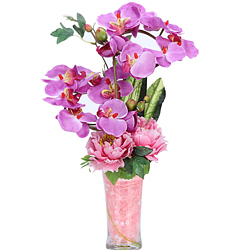 Heavenly Collection of Synthetic Orchids N Roses in a Glass Vase