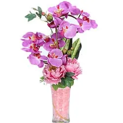 Dazzling display of Artificial Orchids with Roses decked in a Glass Vase
