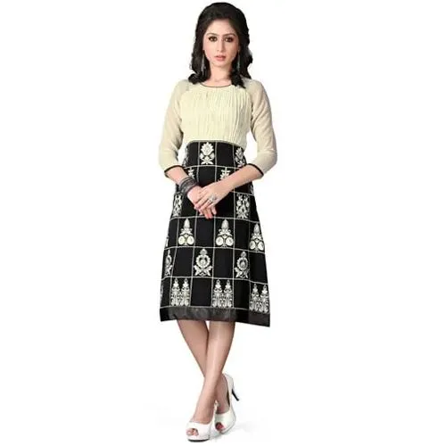Astonishing Georgette Embroidered Kurti in Beige and Black Colour