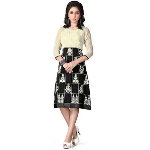 Admirable Beige and Black Coloured Georgette Embroidered Kurti