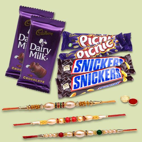Enticing Selection of 3 Rakhi with 6 Assorted Chocolates Bar