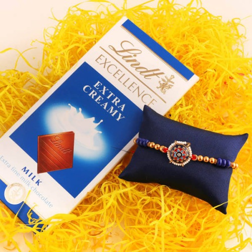 Fancy Rakhi with Lindt Bar, Complementary Roli Chawal and Rakhi Card