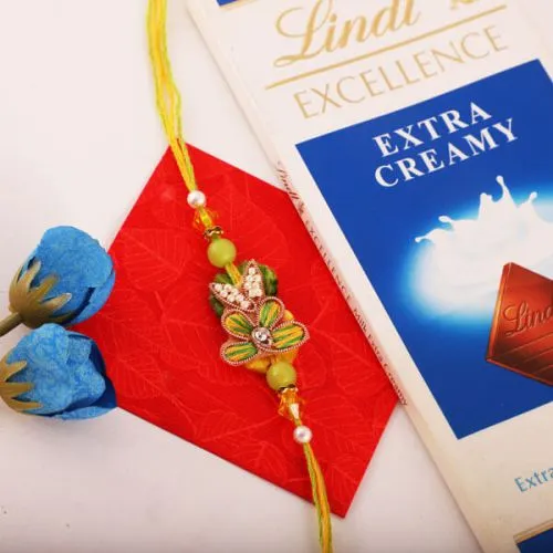 Amazing Gift of Lindt Bar, Rakhi with Free Roli Chawal and Rakhi Card