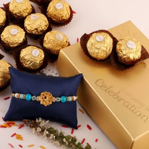 Classy Combo of Rakhi with Ferrero Rocher, Roli Chawal and Card