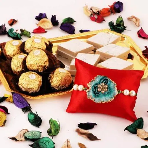 Attractive Rakhi with Kaju Katli and Ferrero Rocher