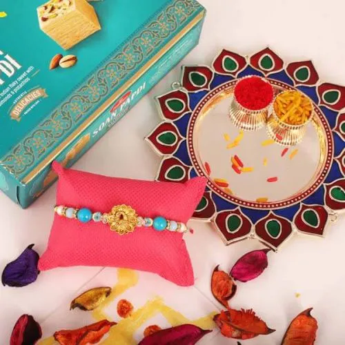 Designer Thali with Fancy Rakhi and Soan Papdi