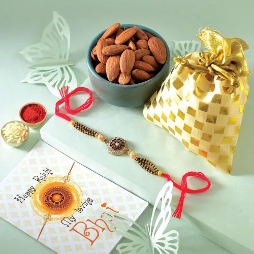 Fancy Rakhi, Almonds, Complementary Roli Chawal and Rakhi Card