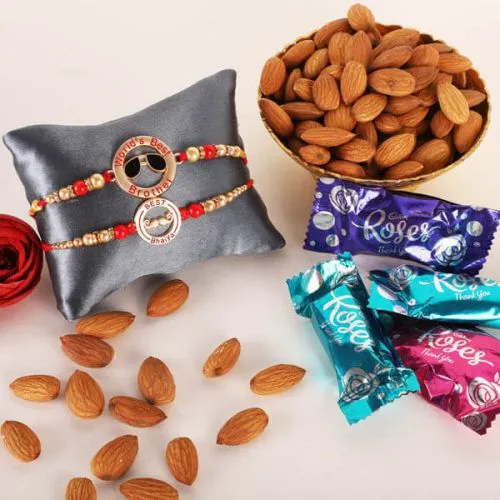 2 Lovely Rakhis, Cadbury Roses, Almonds N Free Roli Tika, Rakhi Card