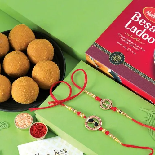 Fantastic Set of 2 Rakhis, Besan Laddoo, Free Rakhi Card N Roli Tika