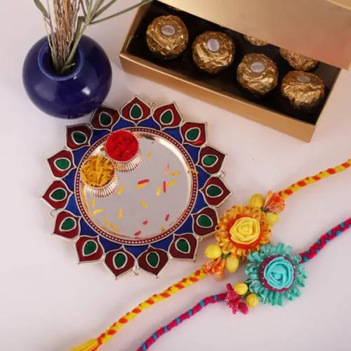 Traditional Thali with 2 Rakhis, Roli Tika N Ferrero Rocher