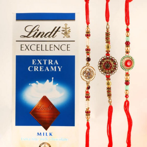 Impressive Set of 3 Rakhis N Lindt Chocolate, Card, Free Roli Chawal