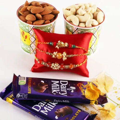 Ravishing Set of 3 Rakhis, Mixed Dry Fruits N Cadbury Chocolate