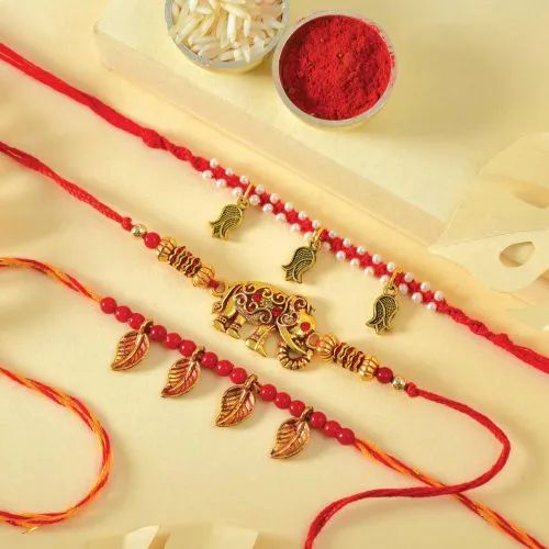 3 Designer Rakhis N Holy Tika of Roli, Free Rakhi Card