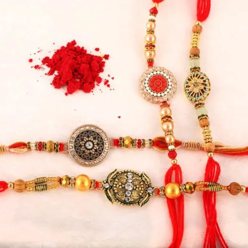 4 Graceful Rakhis, Free Personalized Card N Roli Chawal Tika