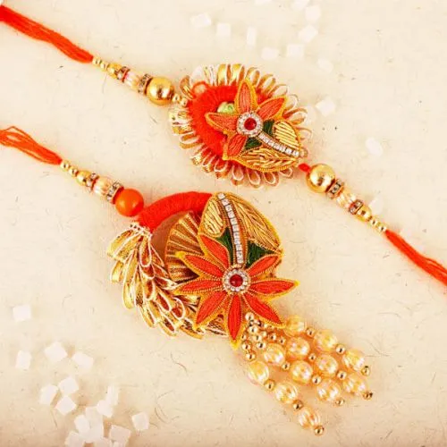 Pretty Pair of Rakhi Lumba Set, Free Roli Chawal N Rakhi Card	