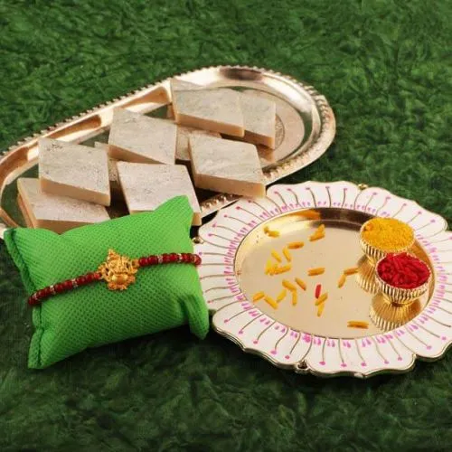 Decorative Thali N Kaju Katli with Rakhi, Free Roli Chawal N Card