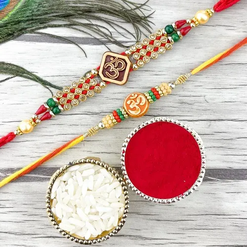 Glitzy Golden Shine Om Rakhi Pair