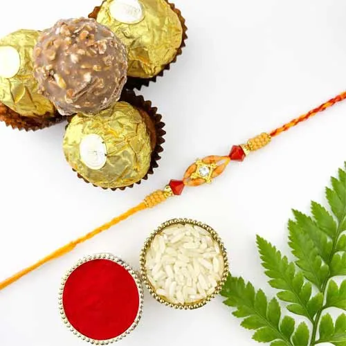 Traditional Mouli Rakhi n  3 Ferrero Rocher