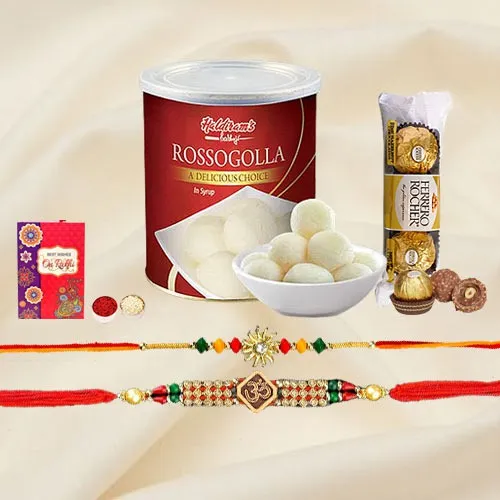 OM n Sun Rakhi with Choco n Sweets