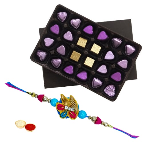 Sumptuous n Delightful pack of 24 pcs Assorted Home made Chocolates with Rakhi and Roli Tilak Chawal