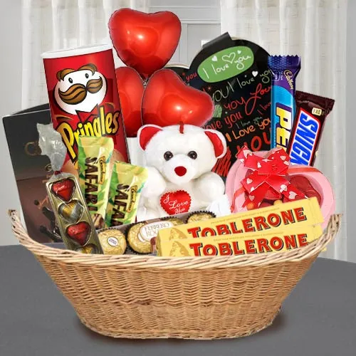 Wonderful Chocolate Gift Basket with Teddy N Balloons