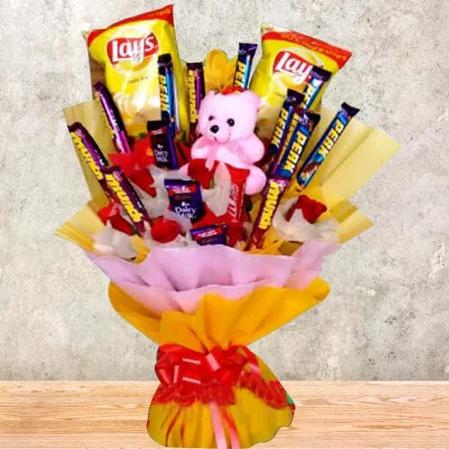Assorted Chocolates Chips N Teddy Bouquet