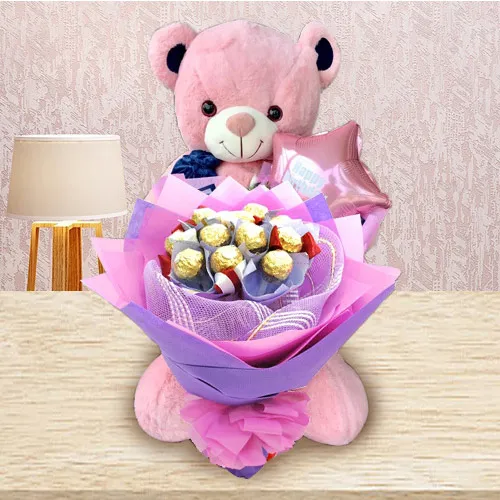 Remarkable Ferrero Rocher Bouquet, Teddy N Mylar Balloon