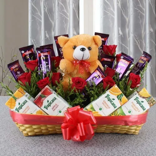 Remarkable Basket of Chocolates, Fruit Juice N Teddy