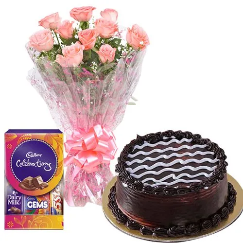 Deliver Chocolate Cake with Celebrations Pack N Roses Bouquet
