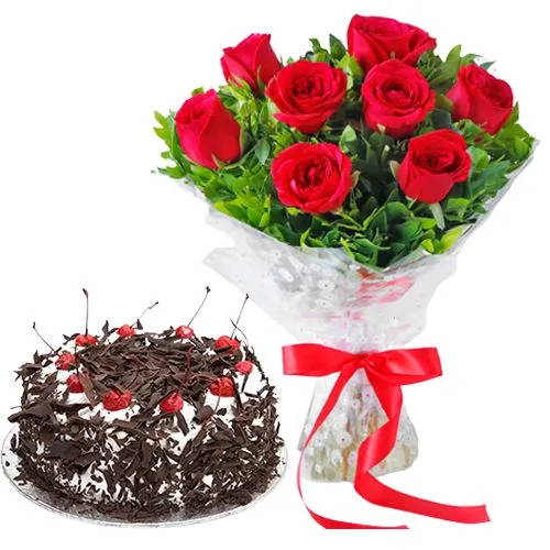Order Black Forest Cake N Red Roses Bouquet