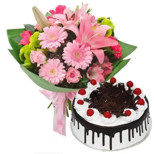 Online Black Forest Cake N Mixed Flowers Bouquet