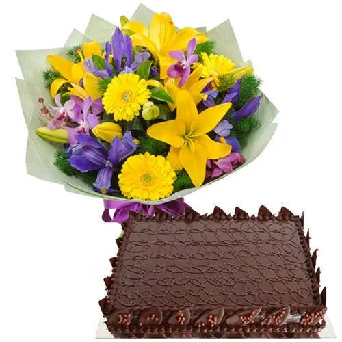 Deliver Assorted Flowers Bouquet N Chocolate Cake