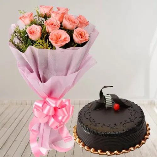 Online Chocolate Truffle Cake N Roses Bouquet