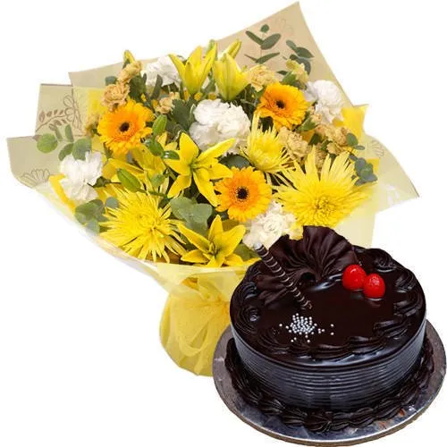 Online Chocolate Truffle Cake N Flowers Bouquet