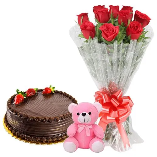 Gift Truffle Cake, Roses Bouquet N Teddy