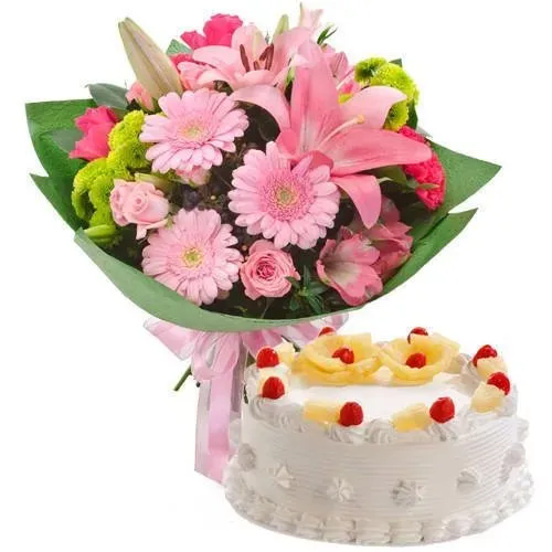 Order Pineapple Cake N Mixed Flowers Bouquet